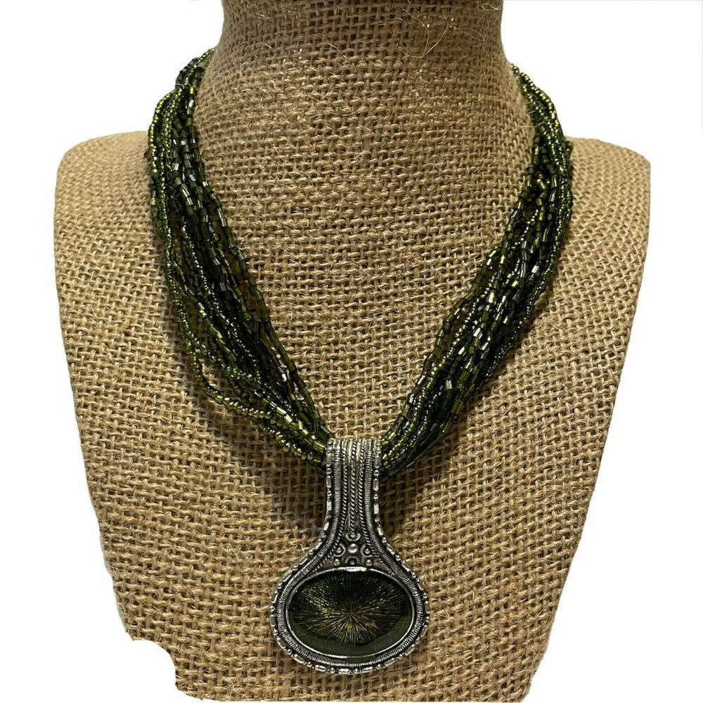 Green Micro Glass Bead Antiqued Silver necklace